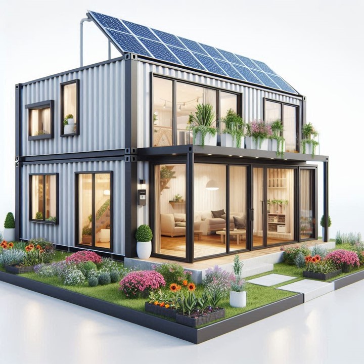 A modern, two-story house built from repurposed shipping containers. The house features solar panels on the roof, large windows, a balcony with plants, and a lush green garden surrounding it.